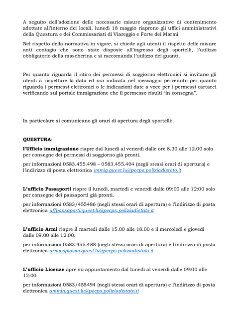 Lucca,  Viareggio,  Forte dei Marmi - Da lunedì 18 maggio 2020 riaprono gli uffici amministrativi della Questura di Lucca