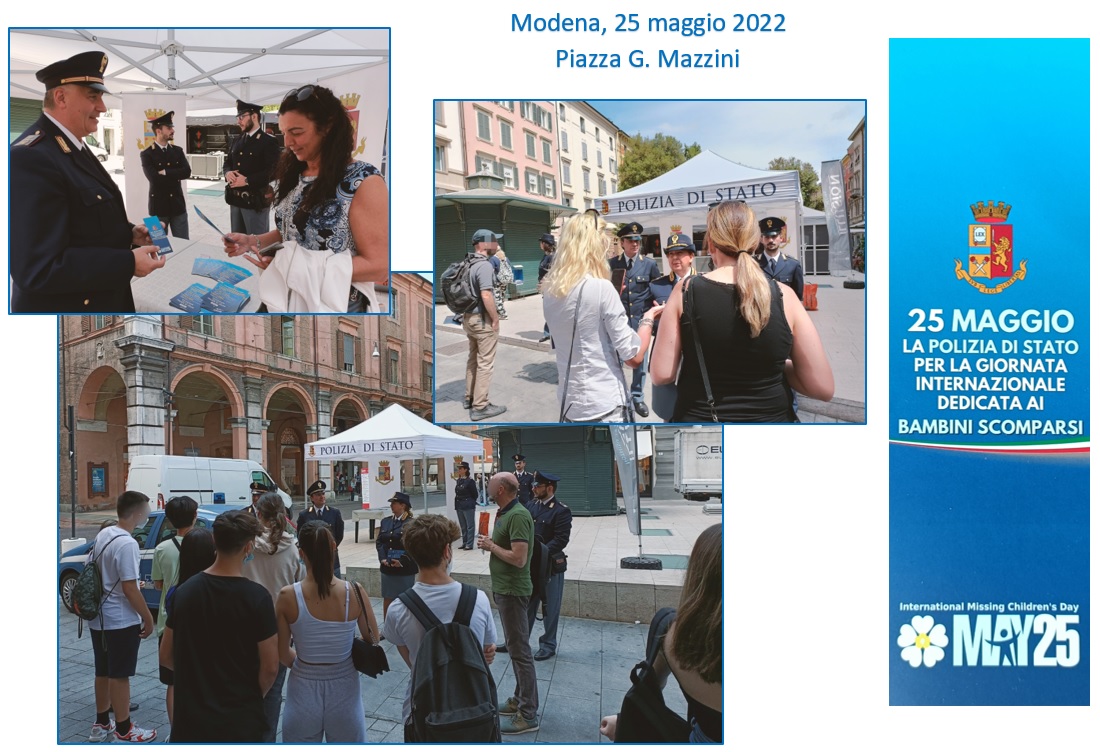 Modena: uno stand della Polizia di Stato in piazza Mazzini per la Giornata internazionale dei bambini scomparsi
