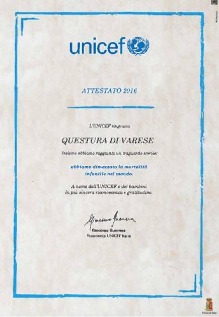 Attestato di ringraziamento UNICEF - Questura di Varese