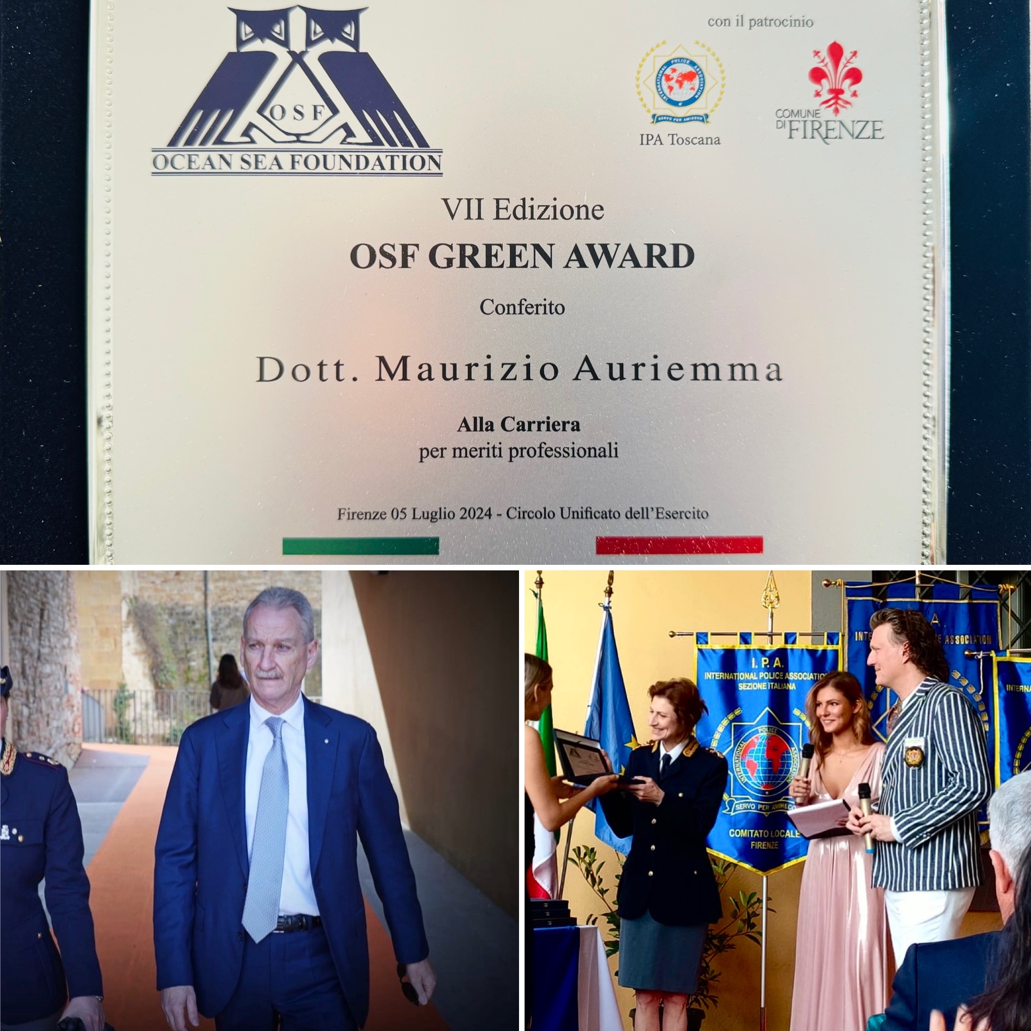 Il Questore della provincia di Firenze Maurizio Auriemma riceve il premio OSF GREEN AWARD conferito alla carriera per meriti professionali
