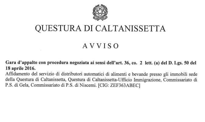 Gara d’appalto con procedura negoziata ai sensi dell’art. 36, co.  2  lett. (a) del D. Lgs. 50 del 18 aprile 2016.