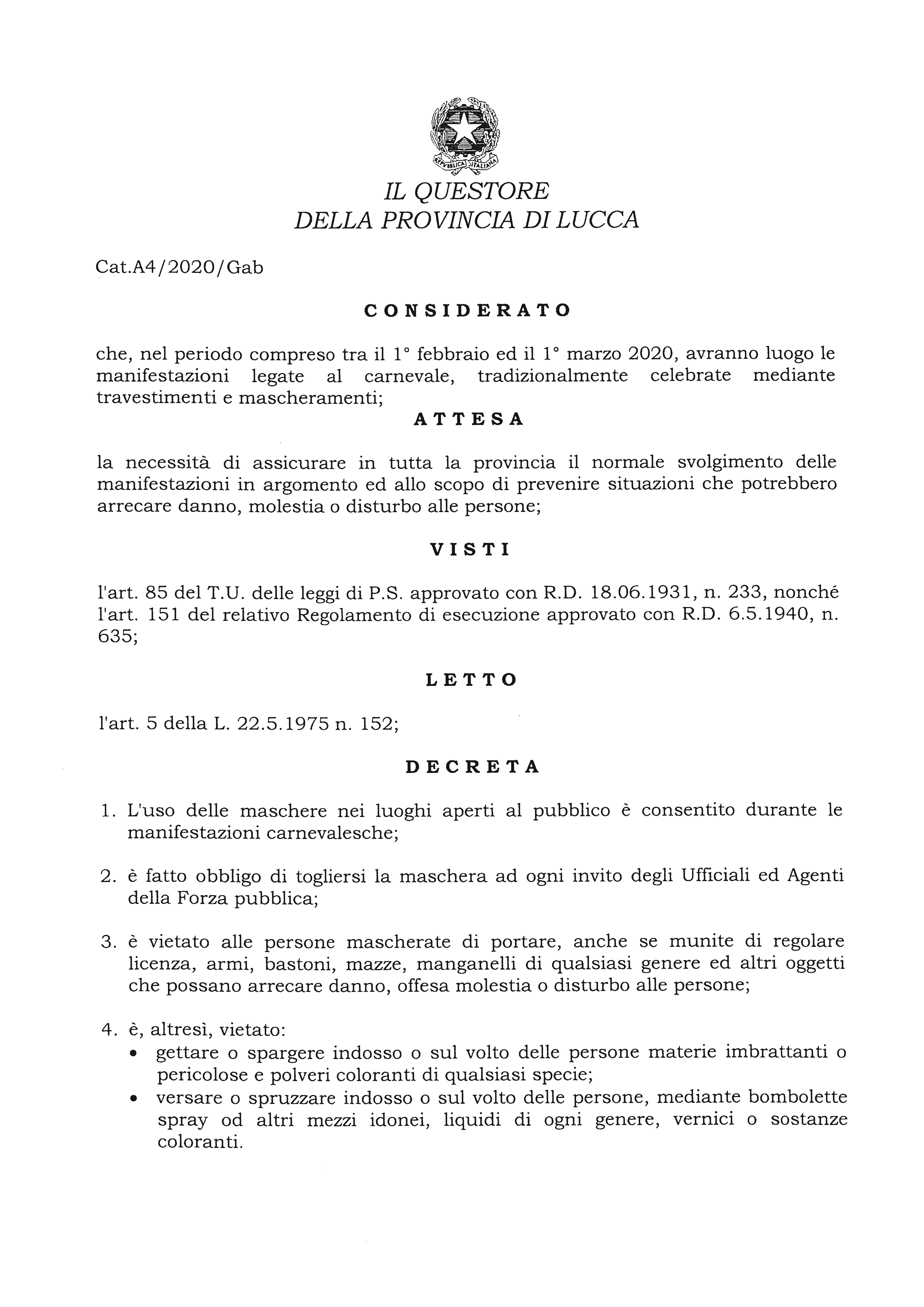 Viareggio - Carnevale 2020, il decreto del Questore di Lucca