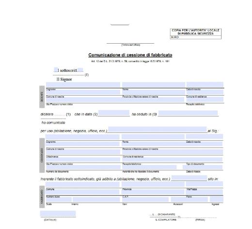 Cessioni di fabbricato – Comunicazioni di ospitalità in favore di cittadino extracomunitario.