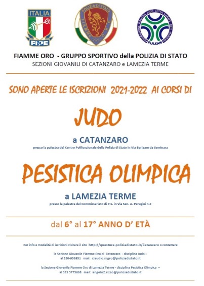 Fiamme Oro - Gruppo Sportivo della Polizia di Stato Sezioni Giovanili di Catanzaro e Lamezia Terme: aperte le iscrizioni 2021-2022 ai corsi di Judo e Pesistica Olimpica