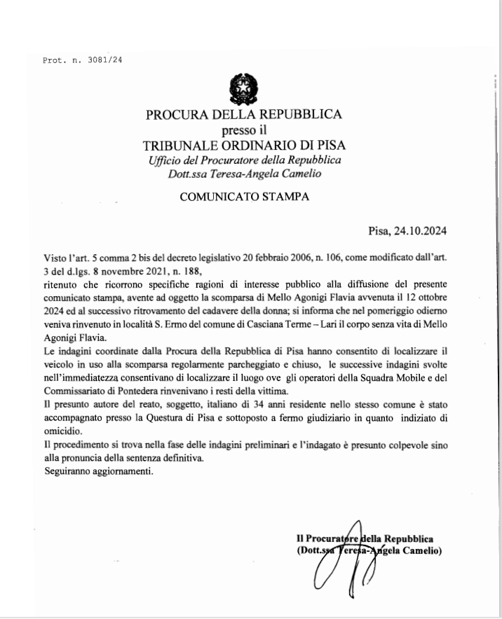 comunicato stampa Procura Pisa del 24.10.2024