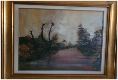 Opera pittorica paesaggio, cornice dorata in legno; dimensioni  cm. 80 x 70